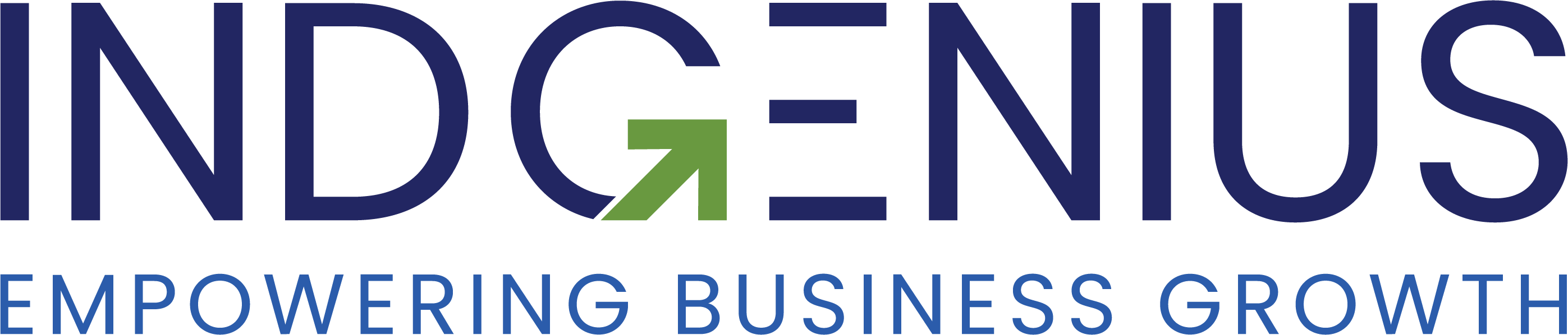 'INDGENIUS' written in blue with an upward arrow in 'G' indicating growth in green colour and 'EMPOWERING BUSINESS GROWTH' written at the bottom also in a shade of blue and in capital letters